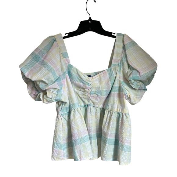 Old Navy Pastel Plaid Puff Sleeve Top Size XL - Picture 2 of 10